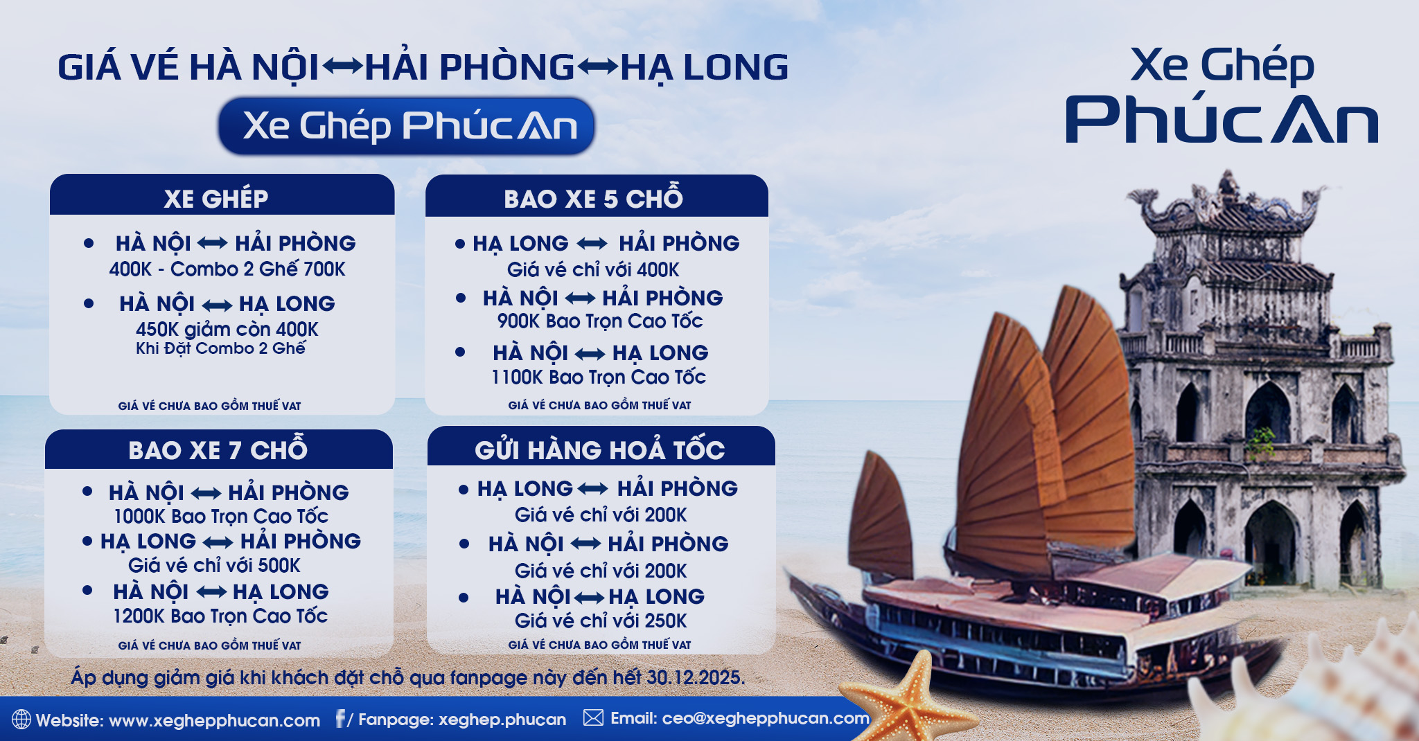 Bảng giá xe ghép HÀ NỘI - HẢI PHÒNG - HẠ LONG Phúc An